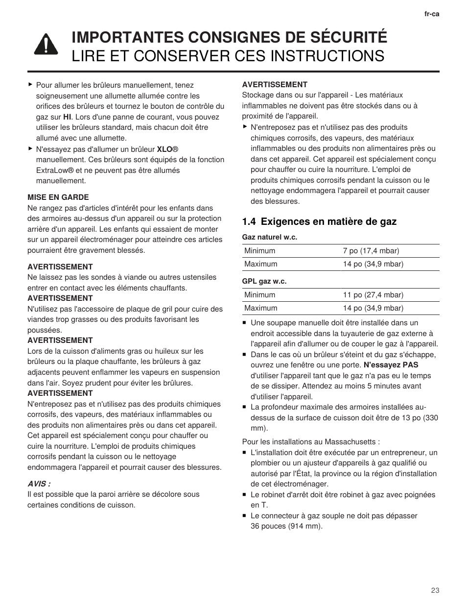 4 exigences en matière de gaz | Thermador Professional Series Gas Rangetop Use and Care Guide User Manual | Page 23 / 40