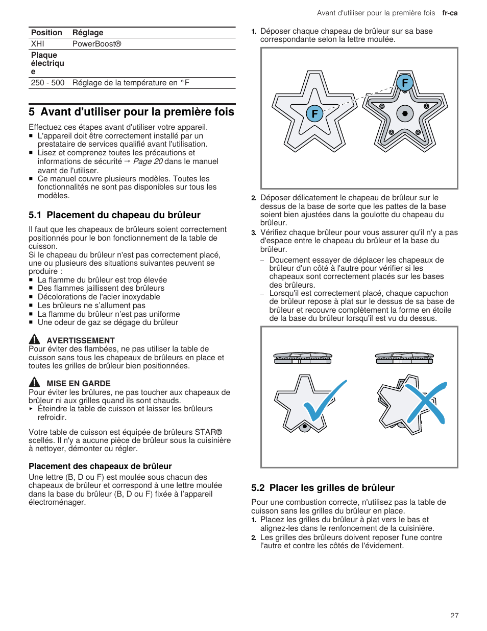5 avant d'utiliser pour la première fois, 1 placement du chapeau du brûleur, 1 placement des chapeaux de brûleur | 2 placer les grilles de brûleur | Thermador Professional Series Gas Rangetop Use and Care Guide User Manual | Page 27 / 40