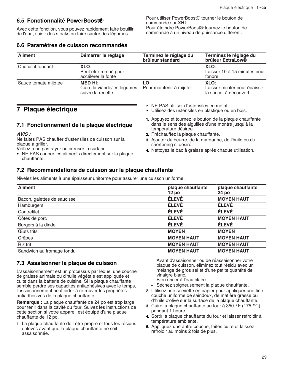 5 fonctionnalité powerboost, 6 paramètres de cuisson recommandés, 7 plaque électrique | 1 fonctionnement de la plaque électrique, 3 assaisonner la plaque de cuisson | Thermador Professional Series Gas Rangetop Use and Care Guide User Manual | Page 29 / 40