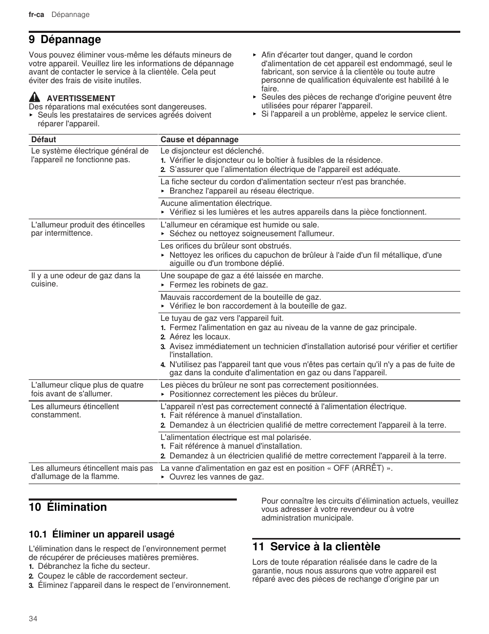9 dépannage, 10 élimination, 1 éliminer un appareil usagé | 11 service à la clientèle | Thermador Professional Series Gas Rangetop Use and Care Guide User Manual | Page 34 / 40