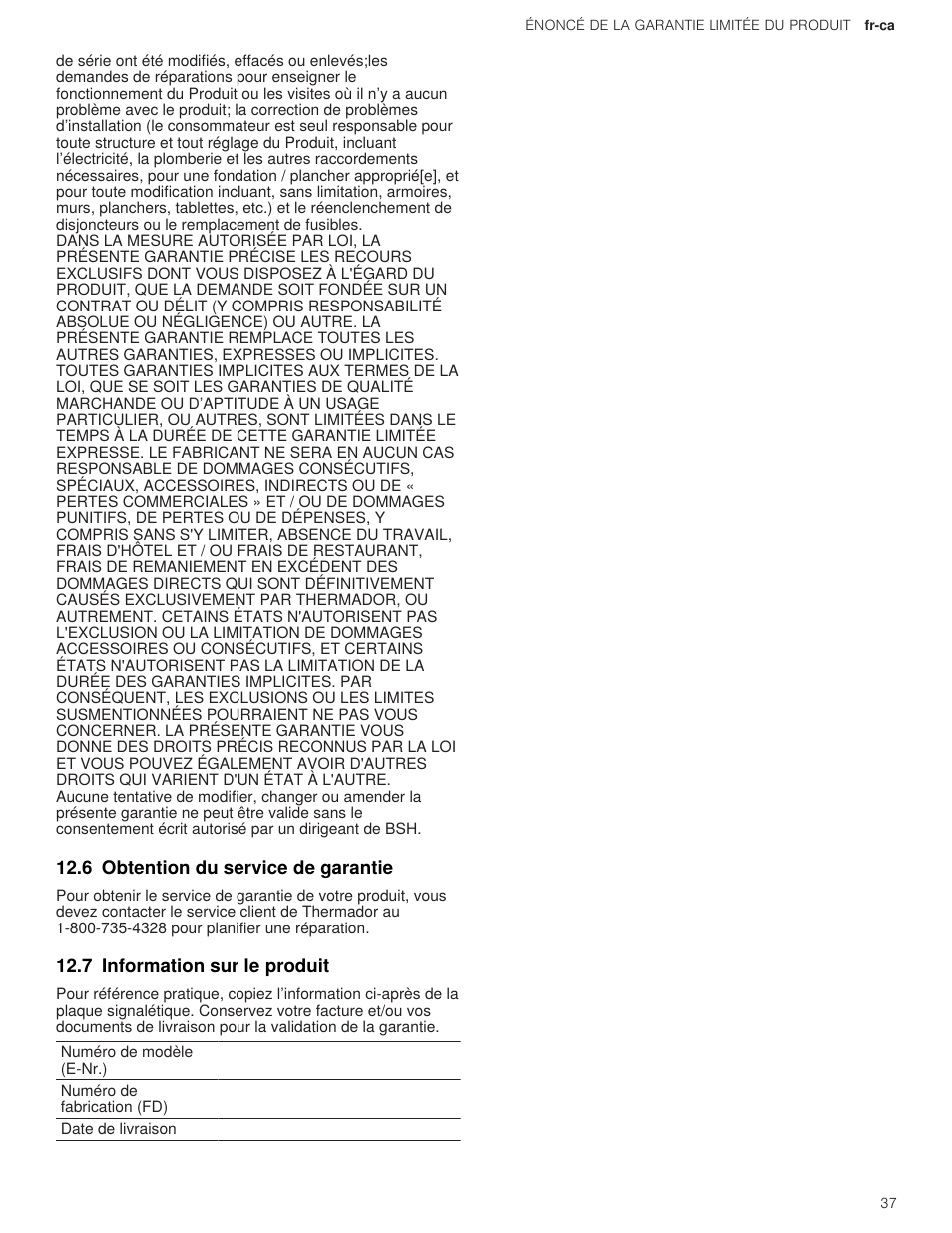 6 obtention du service de garantie, 7 information sur le produit | Thermador Professional Series Gas Rangetop Use and Care Guide User Manual | Page 37 / 40
