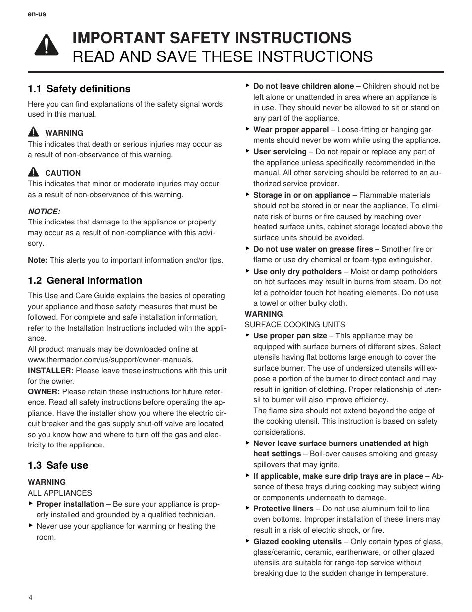 1 safety definitions, 2 general information, 3 safe use | Thermador Professional Series Gas Rangetop Use and Care Guide User Manual | Page 4 / 40