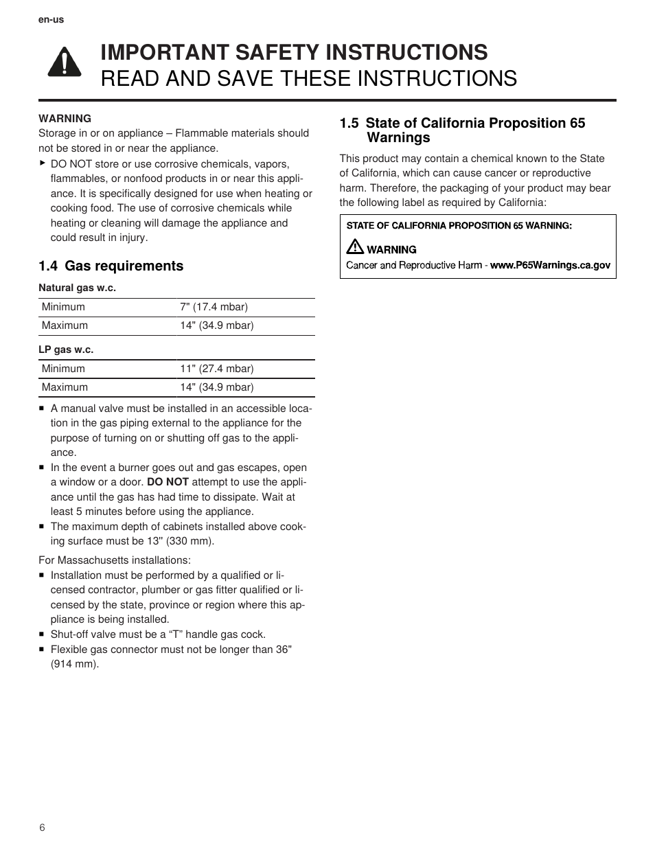 4 gas requirements, 5 state of california proposition 65 warnings | Thermador Professional Series Gas Rangetop Use and Care Guide User Manual | Page 6 / 40