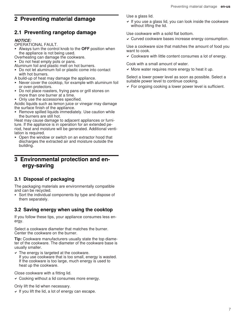 2 preventing material damage, 1 preventing rangetop damage, 3 environmental protection and energy-saving | 1 disposal of packaging, 2 saving energy when using the cooktop, 3 environmental protection and en- ergy-saving | Thermador Professional Series Gas Rangetop Use and Care Guide User Manual | Page 7 / 40