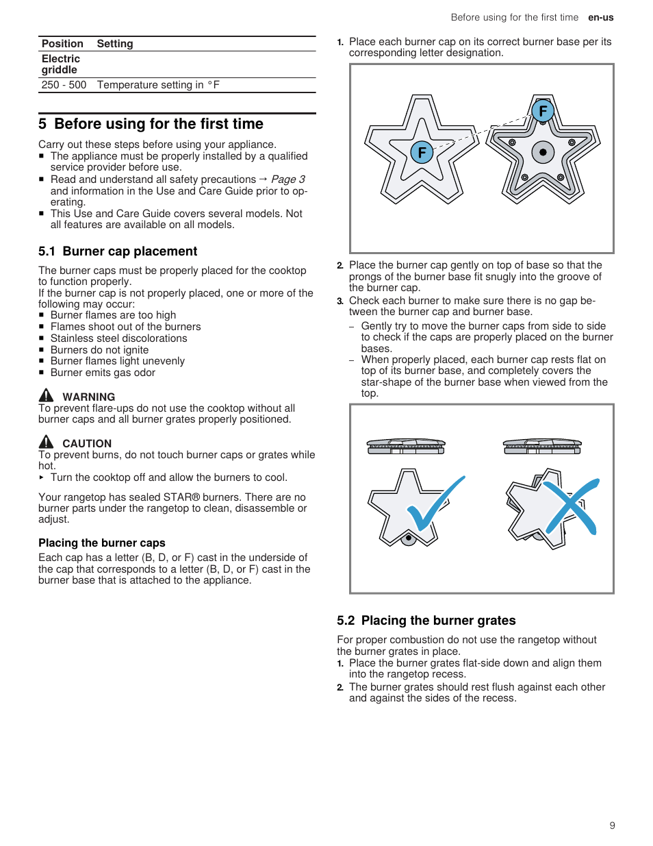 5 before using for the first time, 1 burner cap placement, 1 placing the burner caps | 2 placing the burner grates | Thermador Professional Series Gas Rangetop Use and Care Guide User Manual | Page 9 / 40