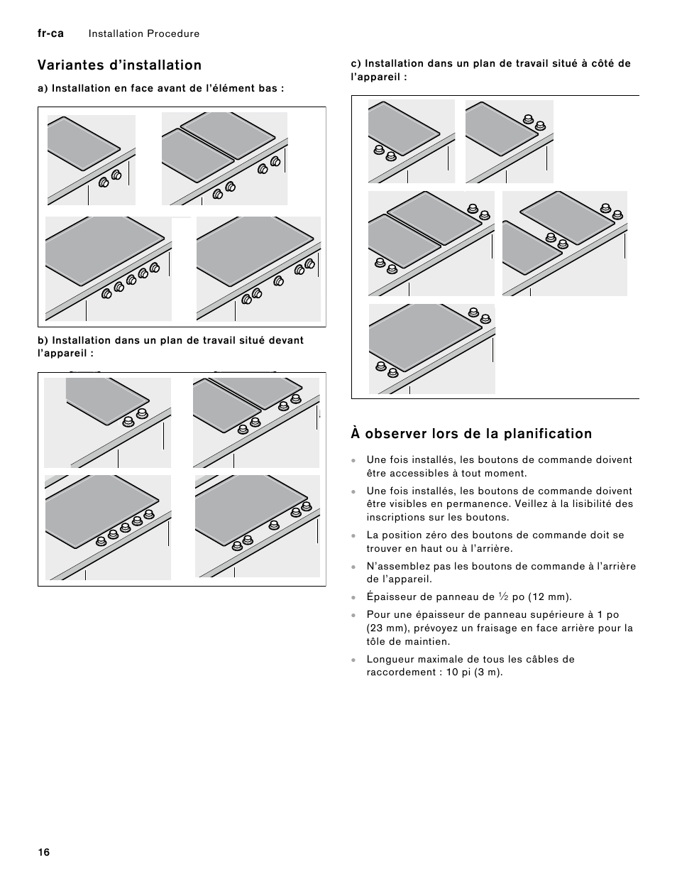 Variantes d’installation, A) installation en face avant de l’élément bas, À observer lors de la planification | Gaggenau 400 Series 36 Inch Induction Smart Cooktop Knobs Installation Instructions User Manual | Page 16 / 40