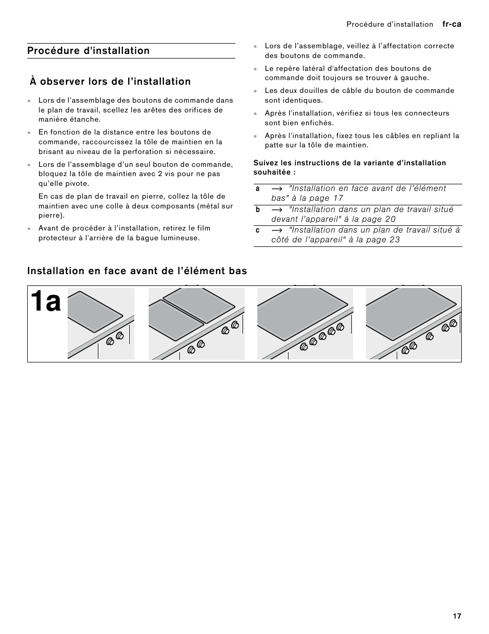 Procédure d'installation, Procédure d’installation, À observer lors de l’installation | Installation en face avant de l’élément bas | Gaggenau 400 Series 36 Inch Induction Smart Cooktop Knobs Installation Instructions User Manual | Page 17 / 40