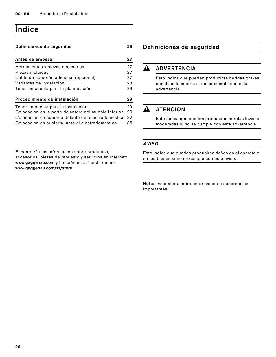 Índice, Instrucciones de instalación, Antes de empezar 27 | Procedimiento de instalación 29, Definiciones de seguridad, 9 advertencia, 9 atencion, Aviso, Nota, Definiciones de seguridad 9 | Gaggenau 400 Series 36 Inch Induction Smart Cooktop Knobs Installation Instructions User Manual | Page 26 / 40