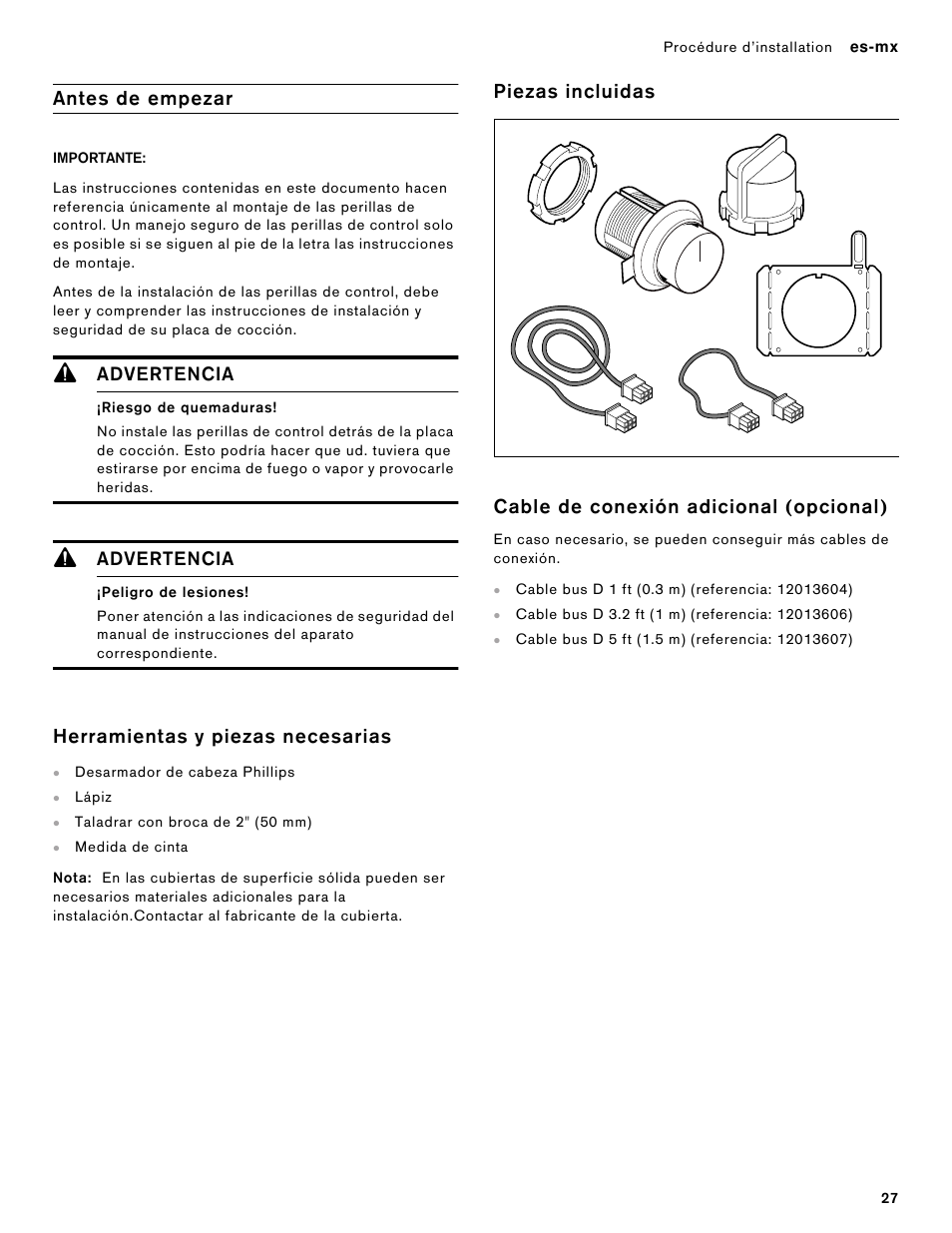 Antes de empezar, 9 advertencia, Riesgo de quemaduras | Peligro de lesiones, Herramientas y piezas necesarias, Nota, Piezas incluidas, Cable de conexión adicional (opcional), Advertencia | Gaggenau 400 Series 36 Inch Induction Smart Cooktop Knobs Installation Instructions User Manual | Page 27 / 40