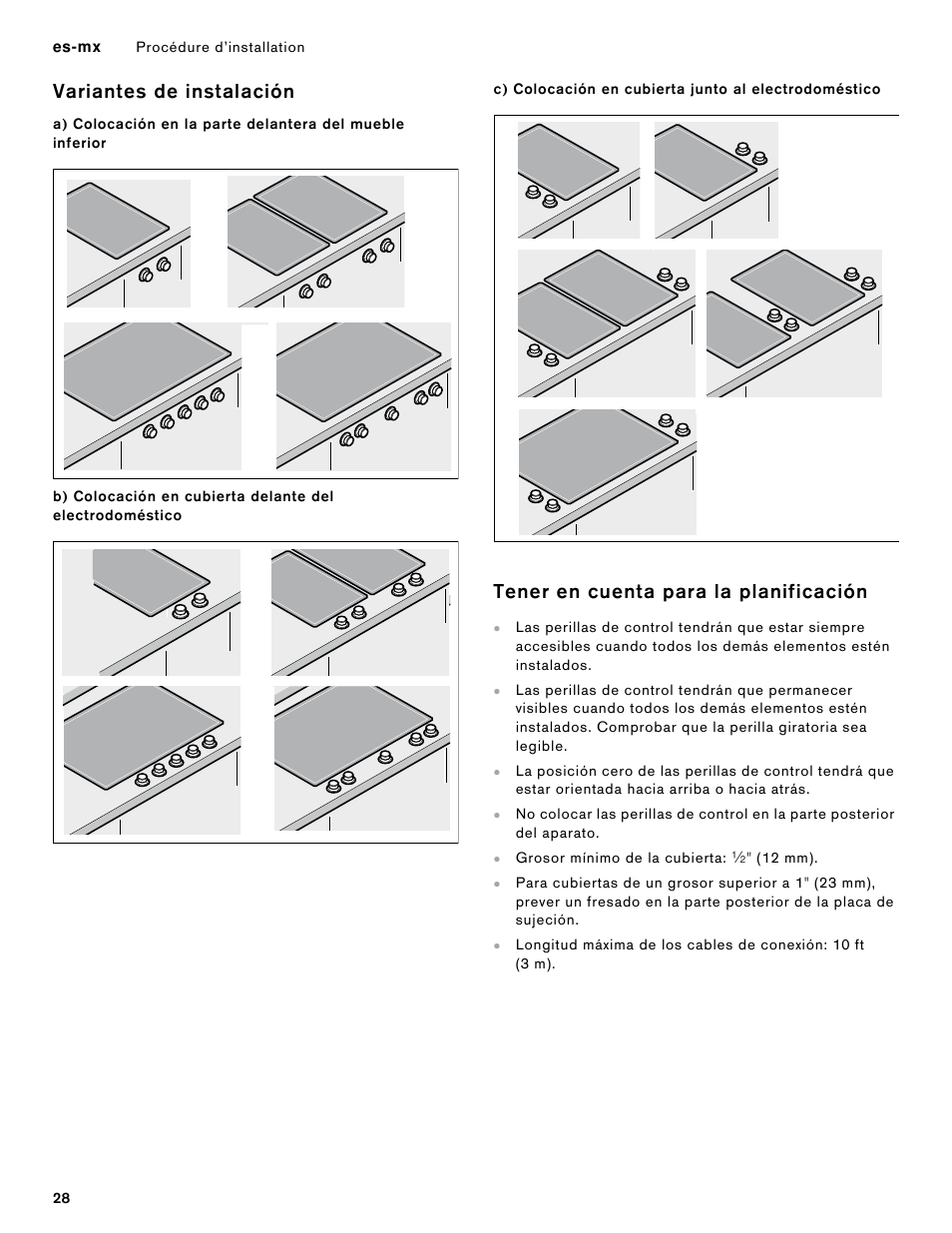 Variantes de instalación, Tener en cuenta para la planificación | Gaggenau 400 Series 36 Inch Induction Smart Cooktop Knobs Installation Instructions User Manual | Page 28 / 40