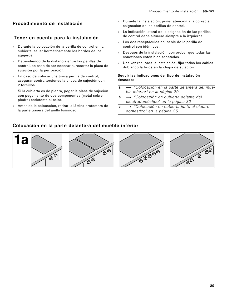Procedimiento de instalación, Tener en cuenta para la instalación | Gaggenau 400 Series 36 Inch Induction Smart Cooktop Knobs Installation Instructions User Manual | Page 29 / 40