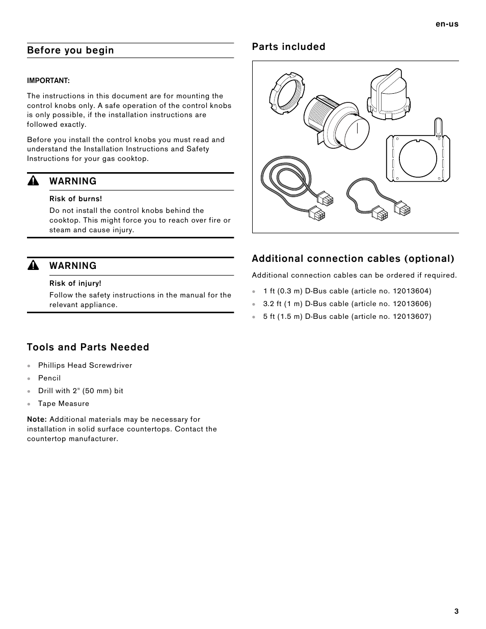 Before you begin, 9 warning, Risk of burns | Risk of injury, Tools and parts needed, Note, Parts included, Additional connection cables (optional), Warning | Gaggenau 400 Series 36 Inch Induction Smart Cooktop Knobs Installation Instructions User Manual | Page 3 / 40