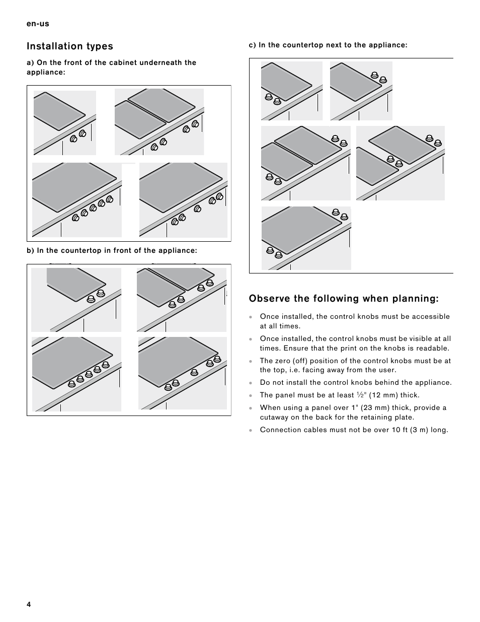 Installation types, B) in the countertop in front of the appliance, C) in the countertop next to the appliance | Observe the following when planning | Gaggenau 400 Series 36 Inch Induction Smart Cooktop Knobs Installation Instructions User Manual | Page 4 / 40