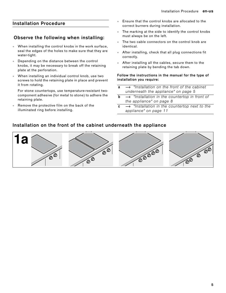 Installation procedure, Observe the following when installing | Gaggenau 400 Series 36 Inch Induction Smart Cooktop Knobs Installation Instructions User Manual | Page 5 / 40