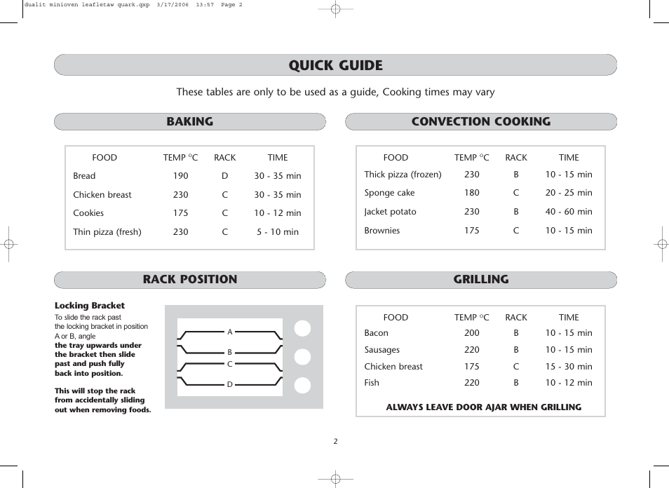 Quick guide, Baking convection cooking rack position grilling | Dualit Mini Oven User Manual | Page 2 / 8