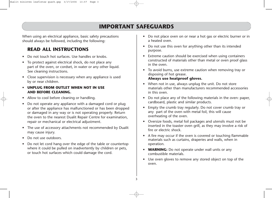 Important safeguards, Read all instructions | Dualit Mini Oven User Manual | Page 3 / 8