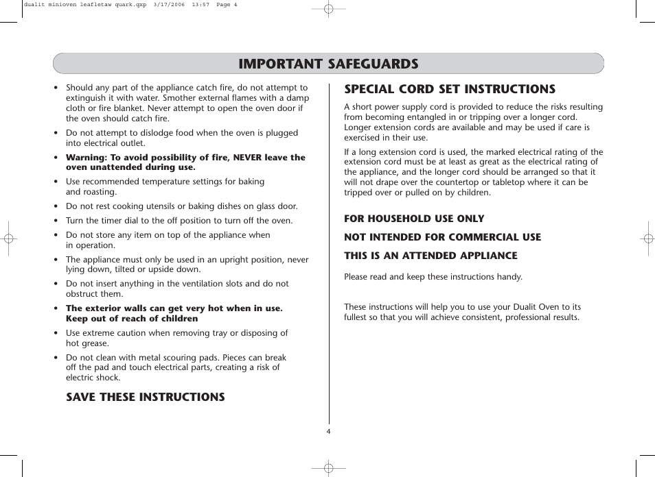 Important safeguards, Special cord set instructions, Save these instructions | Dualit Mini Oven User Manual | Page 4 / 8