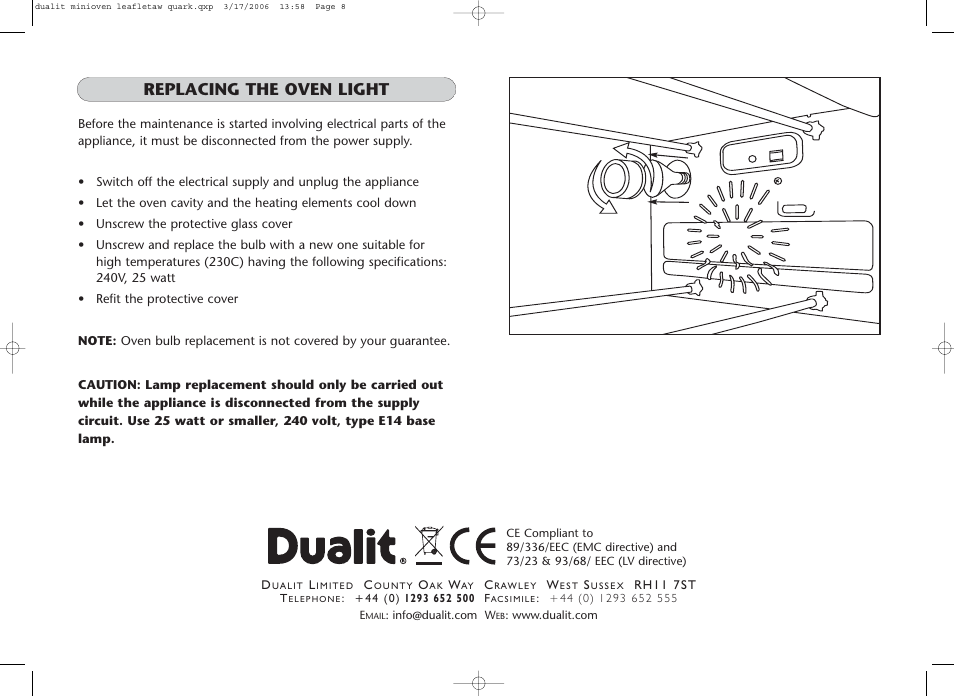 Replacing the oven light | Dualit Mini Oven User Manual | Page 8 / 8