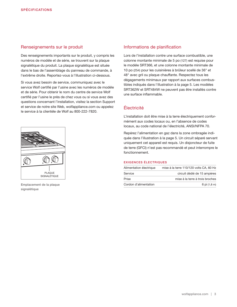 Renseignements sur le produit, Informations de planification, Électricité | Wolf 48 Inch Pro-Style Gas Rangetop Installation Guide User Manual | Page 15 / 26