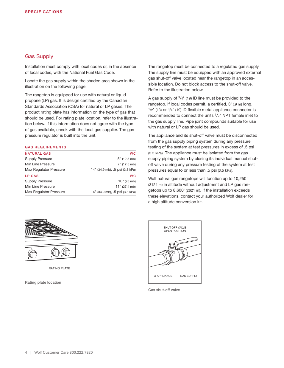 Gas supply | Wolf 48 Inch Pro-Style Gas Rangetop Installation Guide User Manual | Page 4 / 26