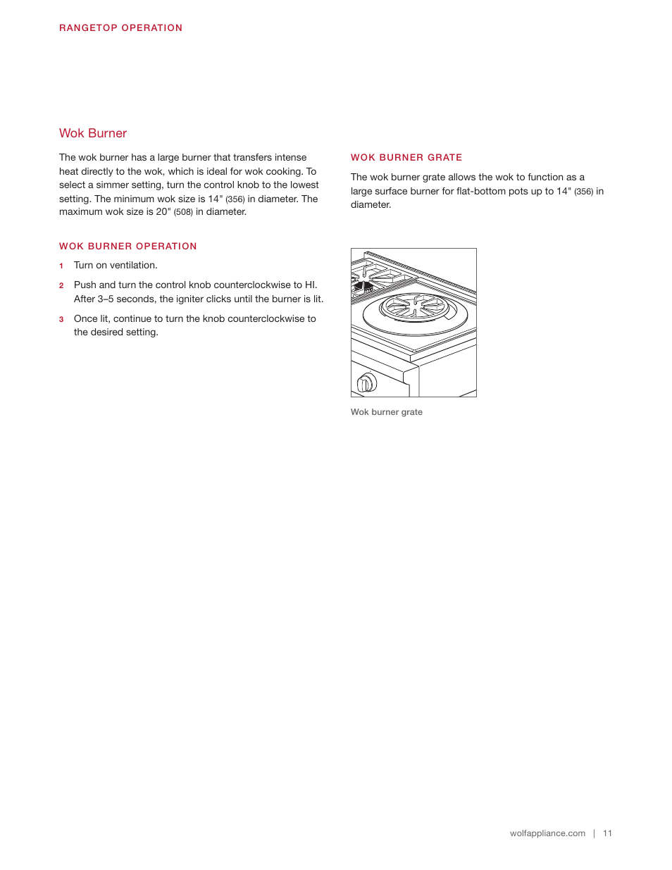 Wok burner | Wolf 48 Inch Pro-Style Gas Rangetop Use & Care Guide User Manual | Page 11 / 58