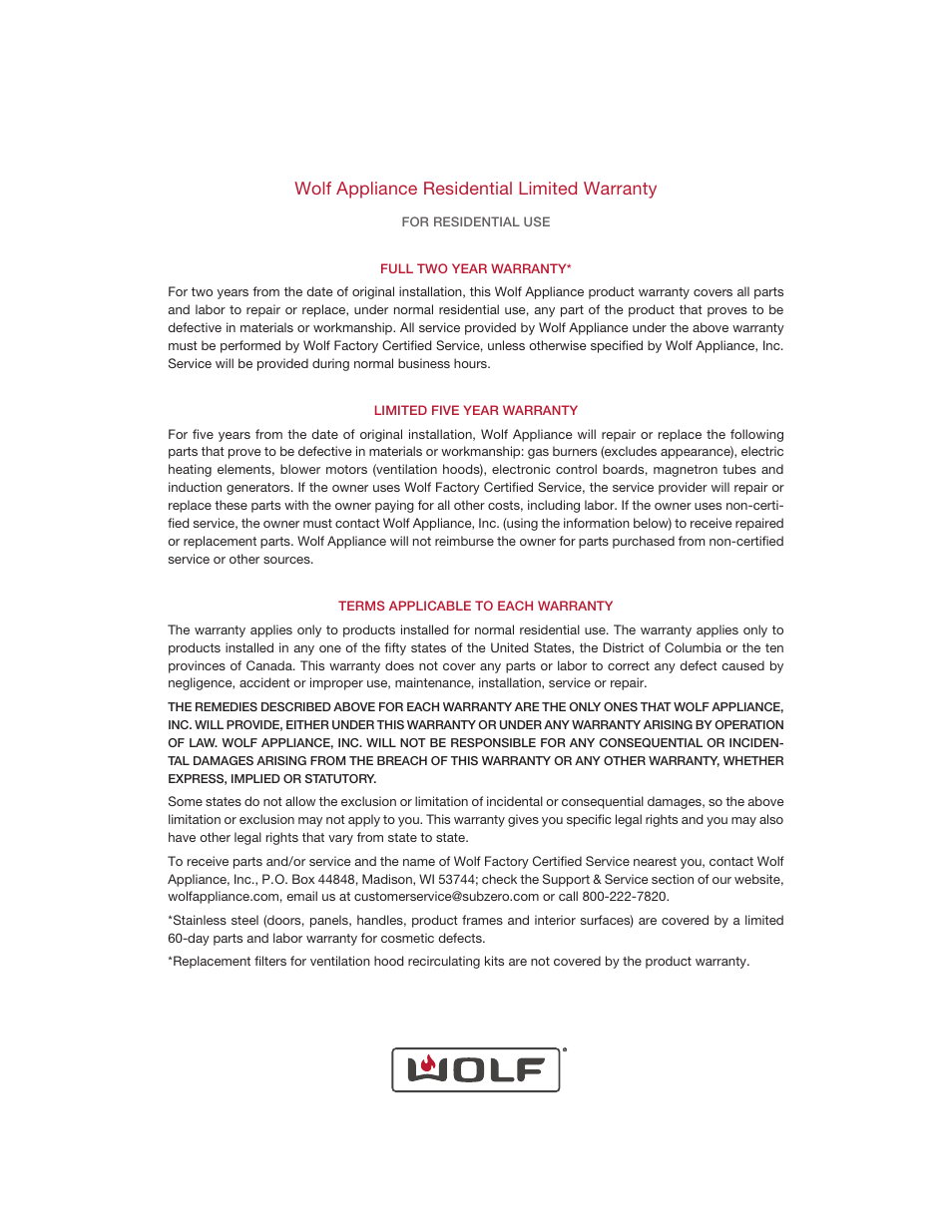 Wolf appliance residential limited warranty | Wolf 48 Inch Pro-Style Gas Rangetop Use & Care Guide User Manual | Page 15 / 58