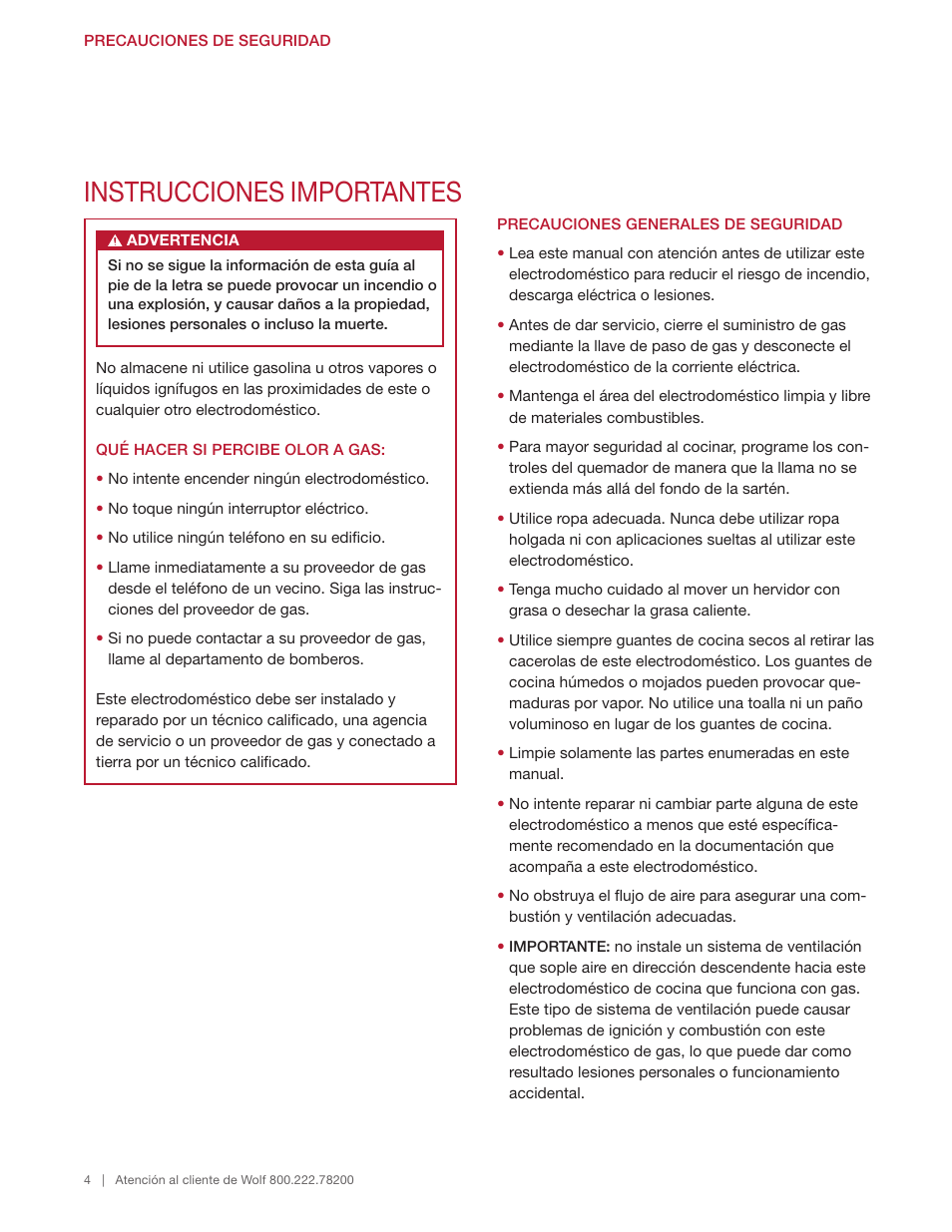 Instrucciones importantes | Wolf 48 Inch Pro-Style Gas Rangetop Use & Care Guide User Manual | Page 18 / 58