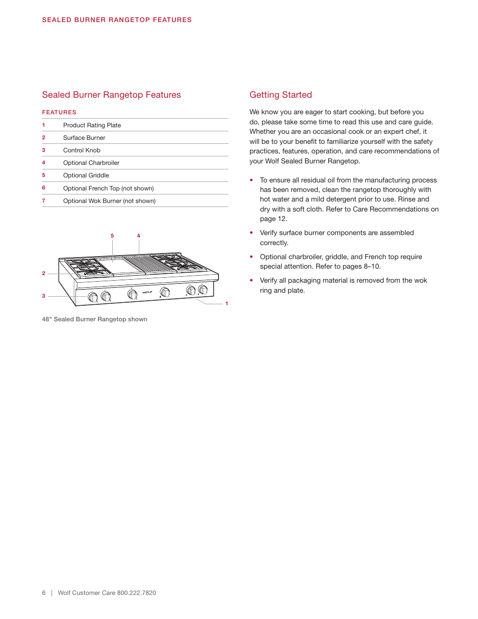 Sealed burner rangetop features, Getting started | Wolf 48 Inch Pro-Style Gas Rangetop Use & Care Guide User Manual | Page 6 / 58