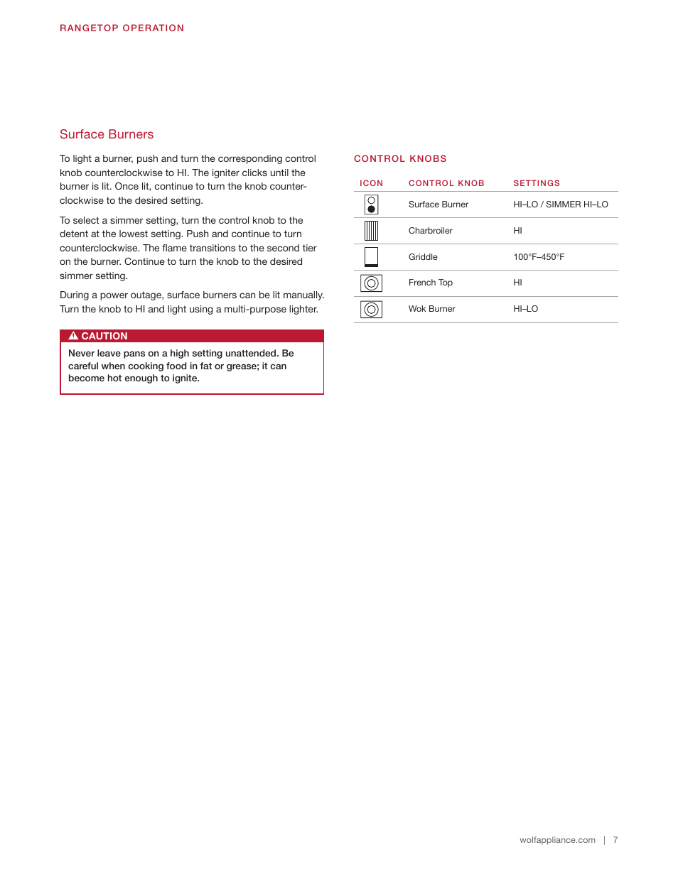 Surface burners | Wolf 48 Inch Pro-Style Gas Rangetop Use & Care Guide User Manual | Page 7 / 58