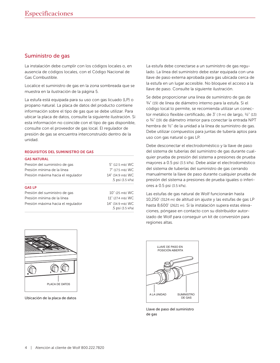 Especificaciones, Suministro de gas | Wolf 36 Inch Pro-Style Gas Rangetop Installation Guide User Manual | Page 10 / 26