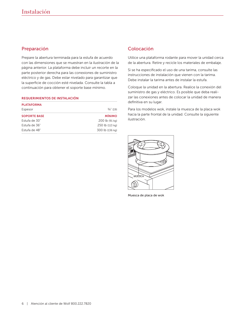 Instalación, Colocación, Preparación | Wolf 36 Inch Pro-Style Gas Rangetop Installation Guide User Manual | Page 12 / 26