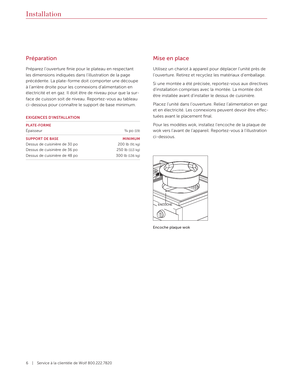 Installation, Mise en place, Préparation | Wolf 36 Inch Pro-Style Gas Rangetop Installation Guide User Manual | Page 18 / 26