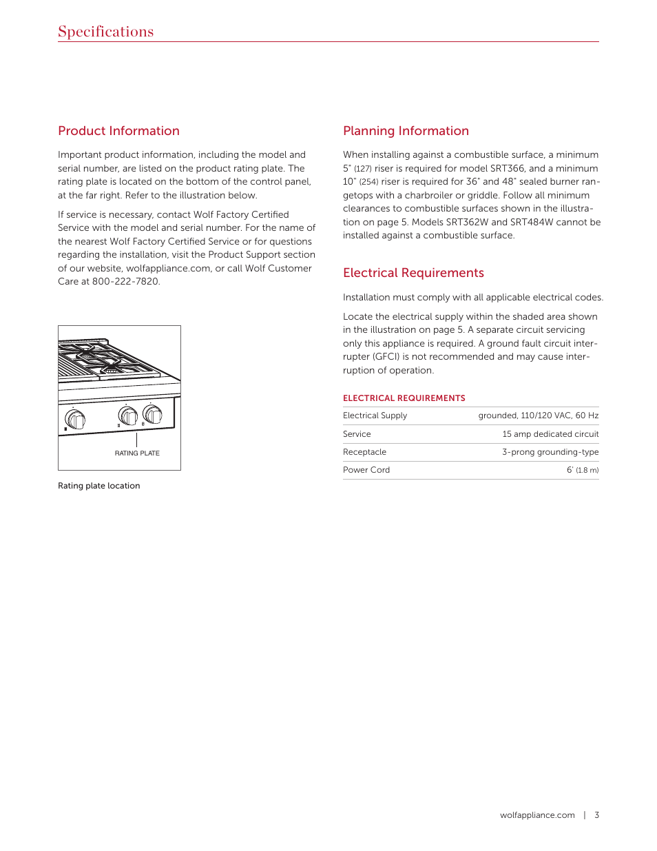 Specifications, Planning information, Electrical requirements | Product information | Wolf 36 Inch Pro-Style Gas Rangetop Installation Guide User Manual | Page 3 / 26