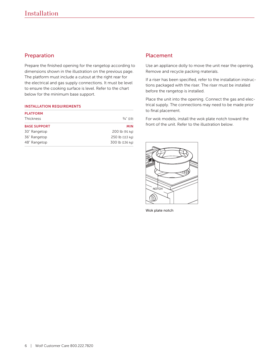 Installation, Preparation, Placement | Wolf 36 Inch Pro-Style Gas Rangetop Installation Guide User Manual | Page 6 / 26