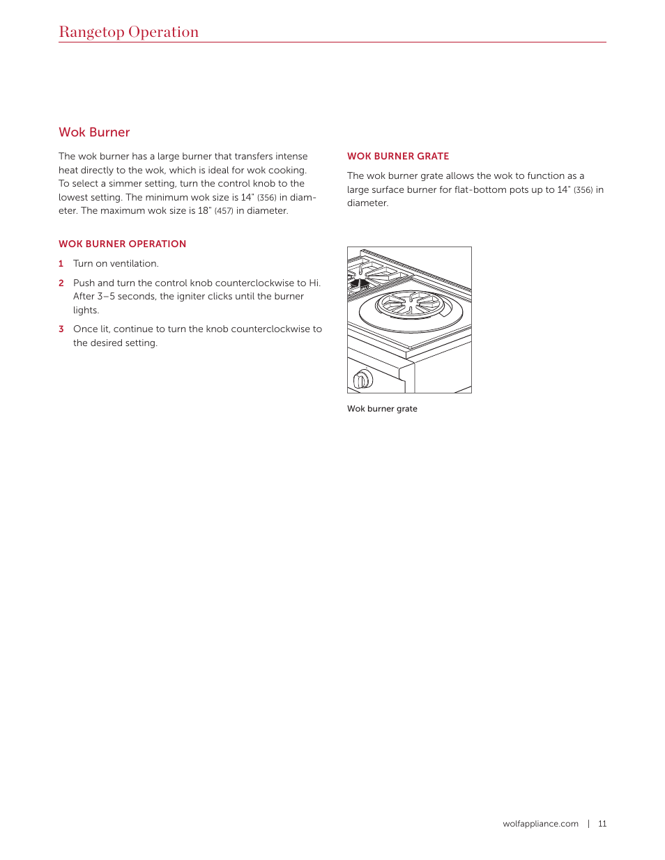 Rangetop operation, Wok burner | Wolf 36 Inch Pro-Style Gas Rangetop Use and Care Guide User Manual | Page 11 / 58