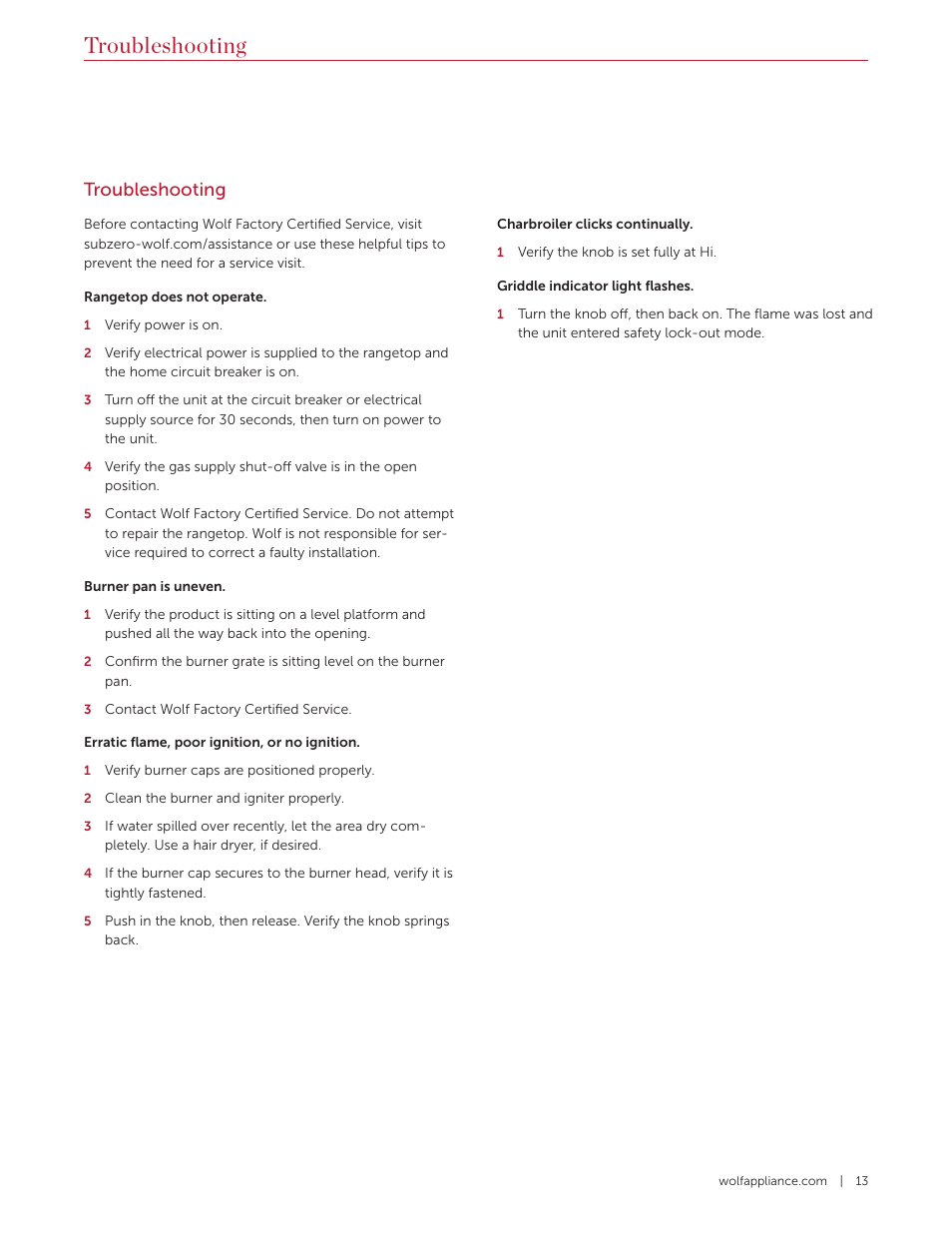 Troubleshooting | Wolf 36 Inch Pro-Style Gas Rangetop Use and Care Guide User Manual | Page 13 / 58