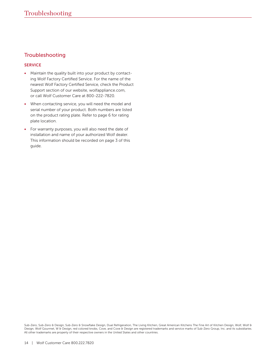 Troubleshooting | Wolf 36 Inch Pro-Style Gas Rangetop Use and Care Guide User Manual | Page 14 / 58