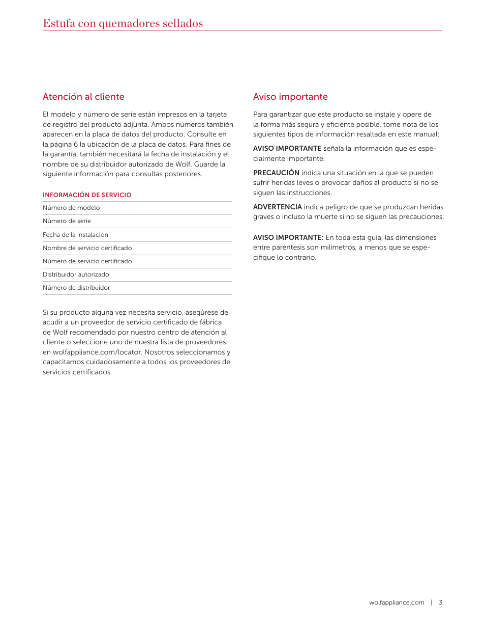 Estufa con quemadores sellados, Atención al cliente, Aviso importante | Wolf 36 Inch Pro-Style Gas Rangetop Use and Care Guide User Manual | Page 17 / 58