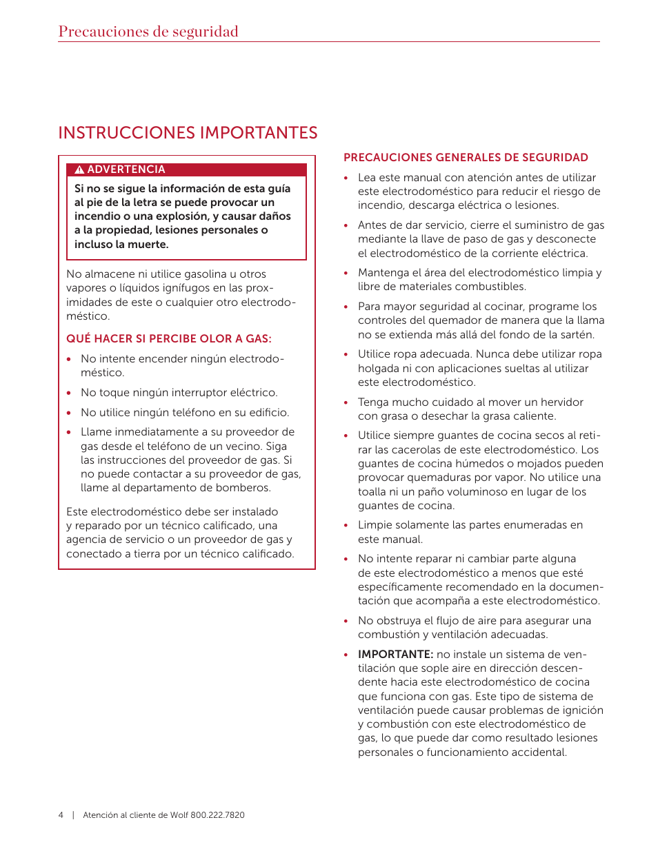 Instrucciones importantes, Precauciones de seguridad | Wolf 36 Inch Pro-Style Gas Rangetop Use and Care Guide User Manual | Page 18 / 58