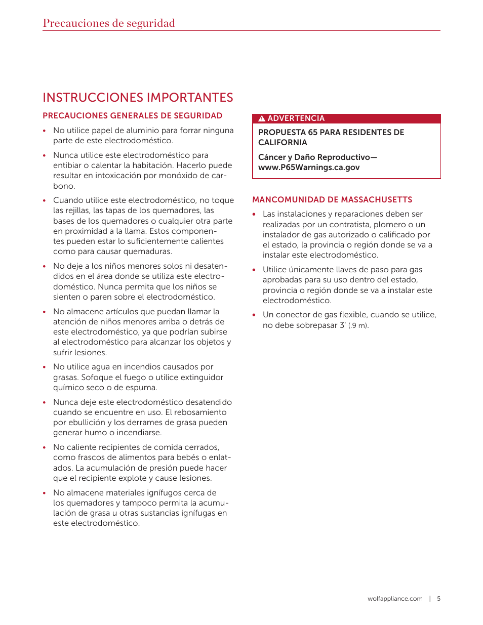 Instrucciones importantes, Precauciones de seguridad | Wolf 36 Inch Pro-Style Gas Rangetop Use and Care Guide User Manual | Page 19 / 58