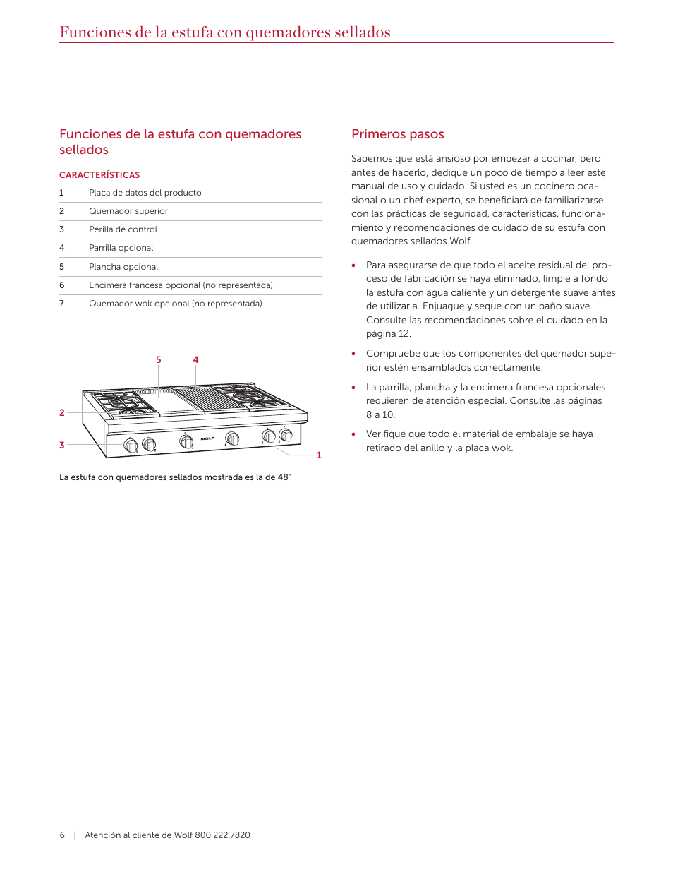 Funciones de la estufa con quemadores sellados, Primeros pasos | Wolf 36 Inch Pro-Style Gas Rangetop Use and Care Guide User Manual | Page 20 / 58