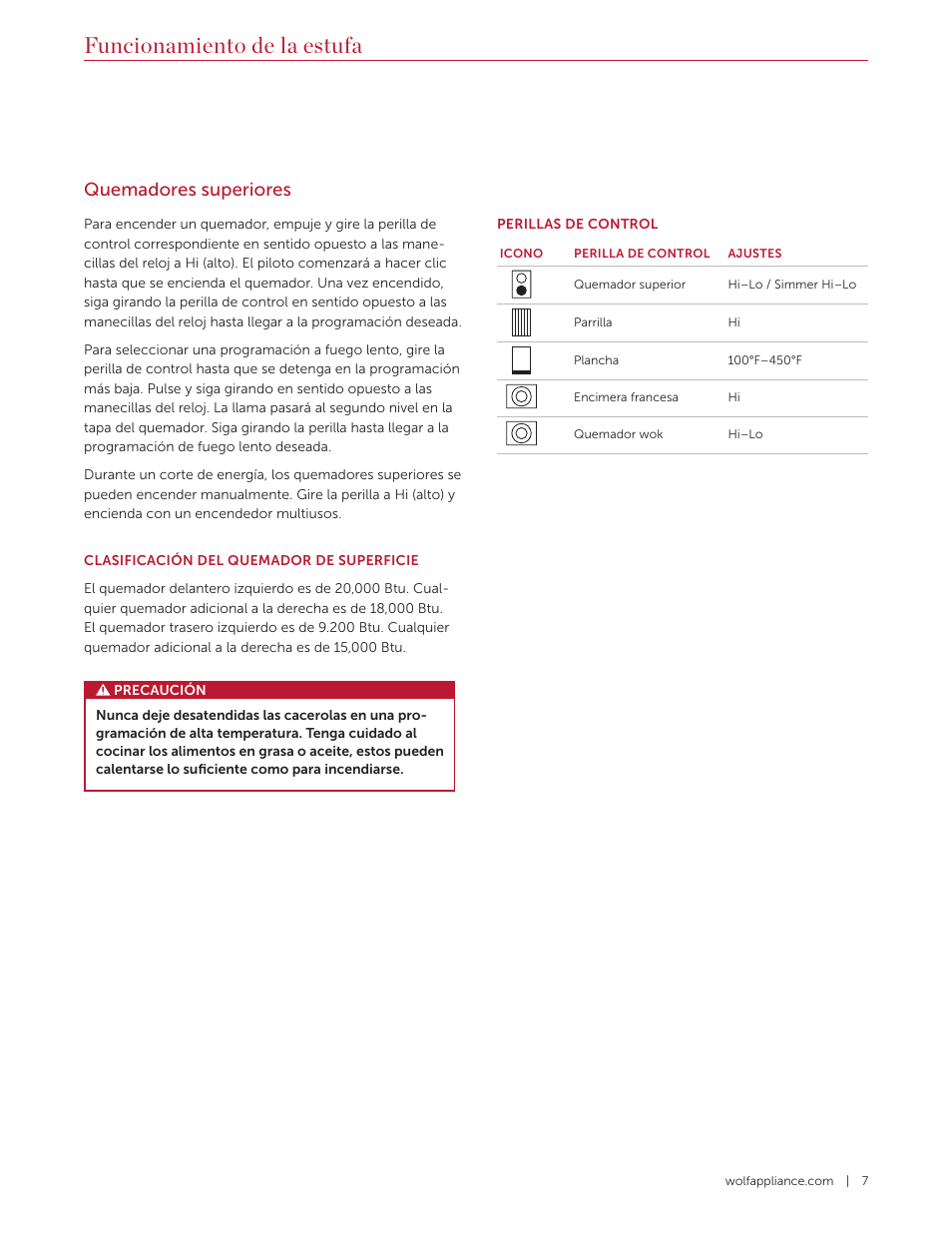 Funcionamiento de la estufa, Quemadores superiores | Wolf 36 Inch Pro-Style Gas Rangetop Use and Care Guide User Manual | Page 21 / 58