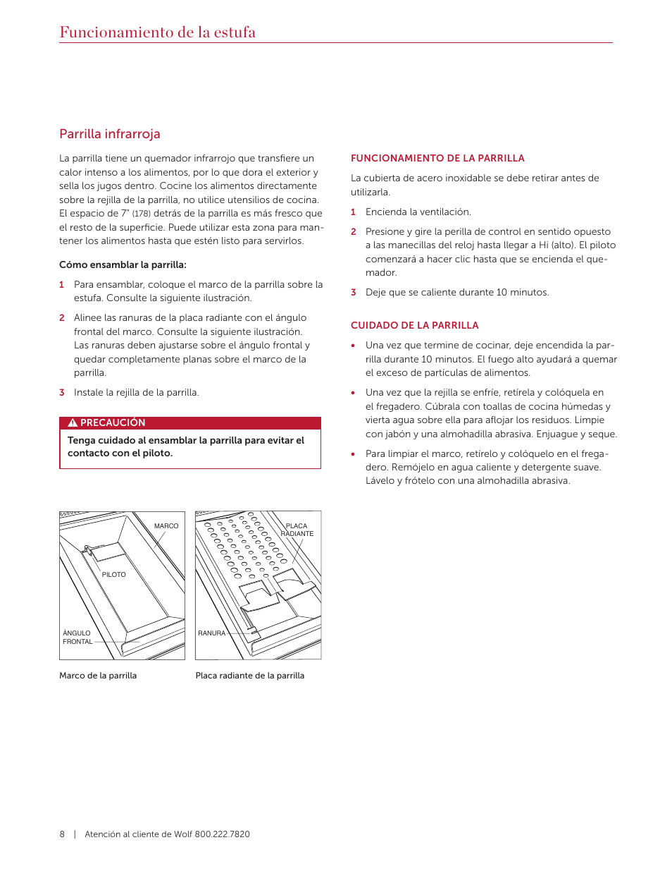 Funcionamiento de la estufa, Parrilla infrarroja | Wolf 36 Inch Pro-Style Gas Rangetop Use and Care Guide User Manual | Page 22 / 58