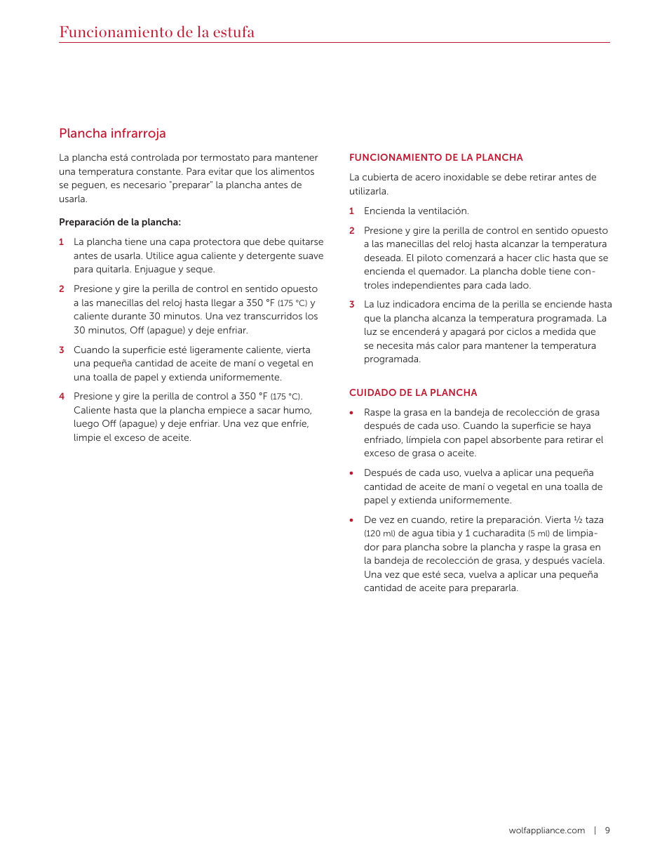 Funcionamiento de la estufa, Plancha infrarroja | Wolf 36 Inch Pro-Style Gas Rangetop Use and Care Guide User Manual | Page 23 / 58