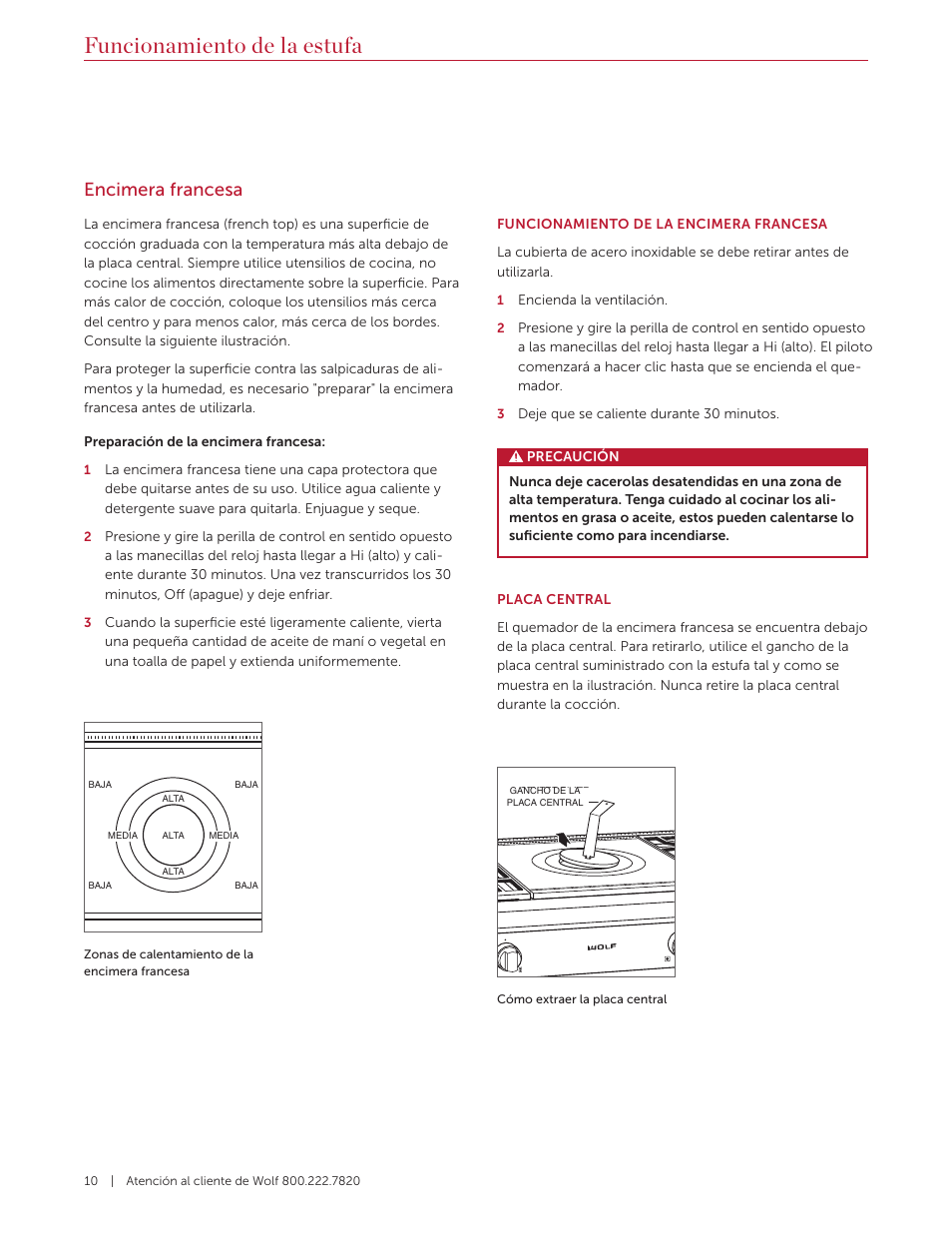 Funcionamiento de la estufa, Encimera francesa | Wolf 36 Inch Pro-Style Gas Rangetop Use and Care Guide User Manual | Page 24 / 58