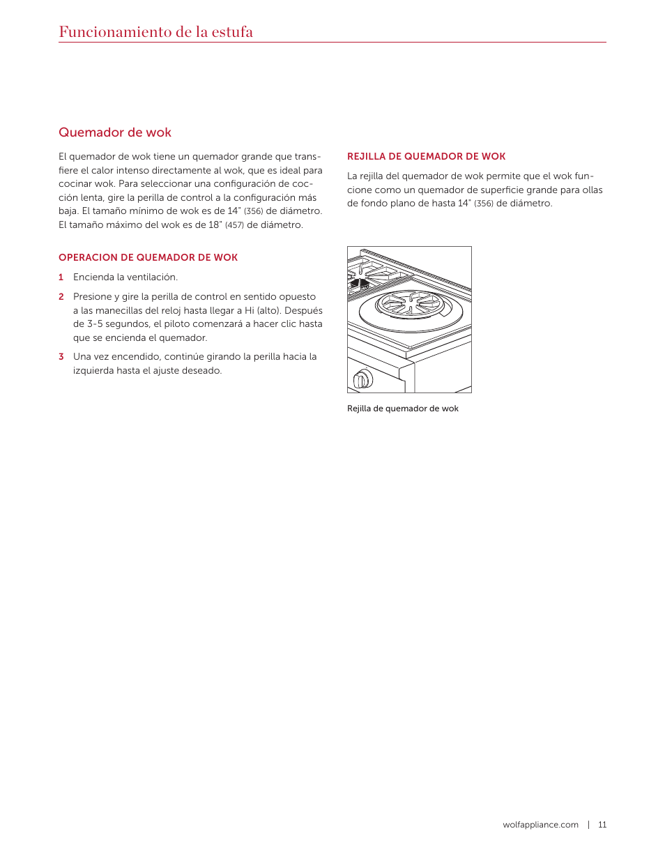 Funcionamiento de la estufa, Quemador de wok | Wolf 36 Inch Pro-Style Gas Rangetop Use and Care Guide User Manual | Page 25 / 58