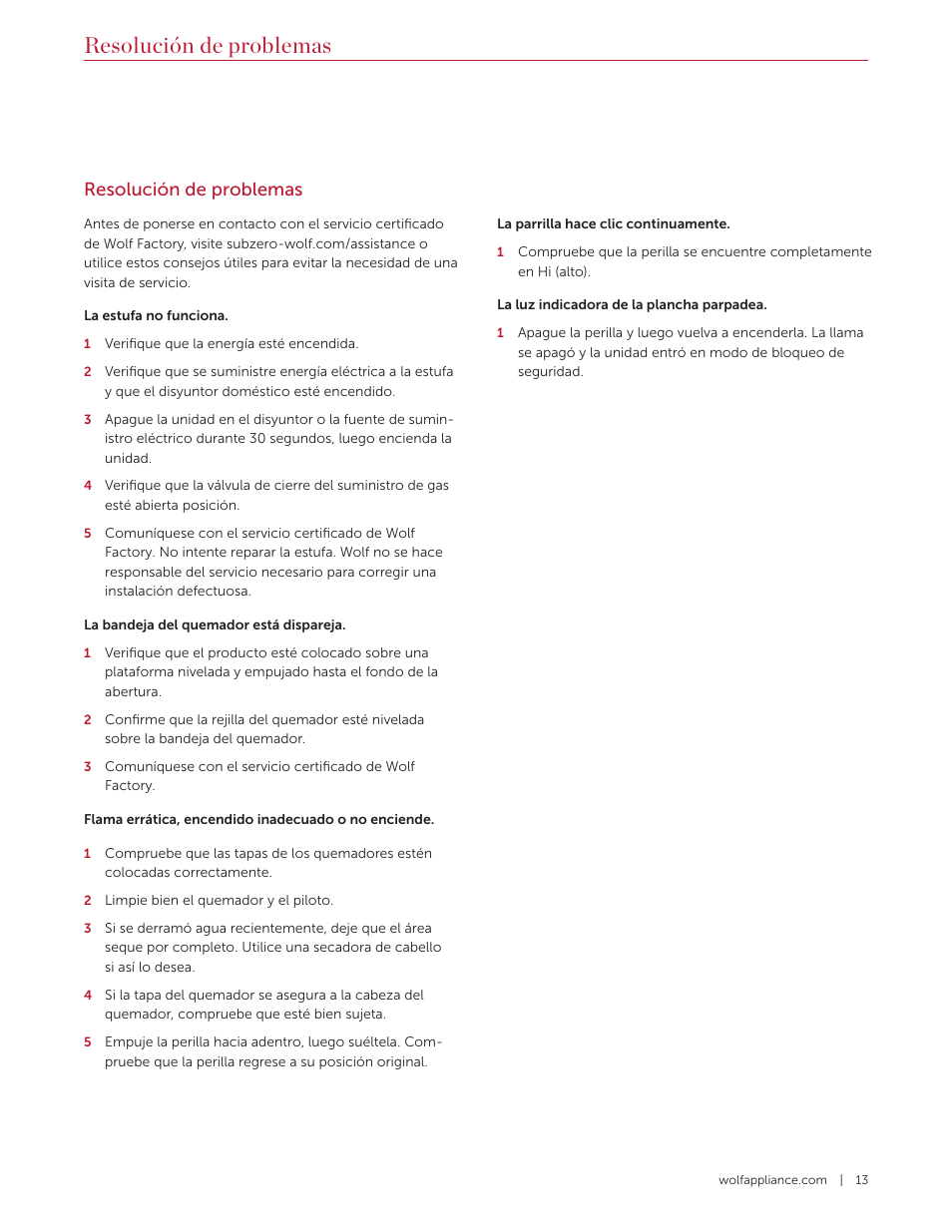 Resolución de problemas | Wolf 36 Inch Pro-Style Gas Rangetop Use and Care Guide User Manual | Page 27 / 58