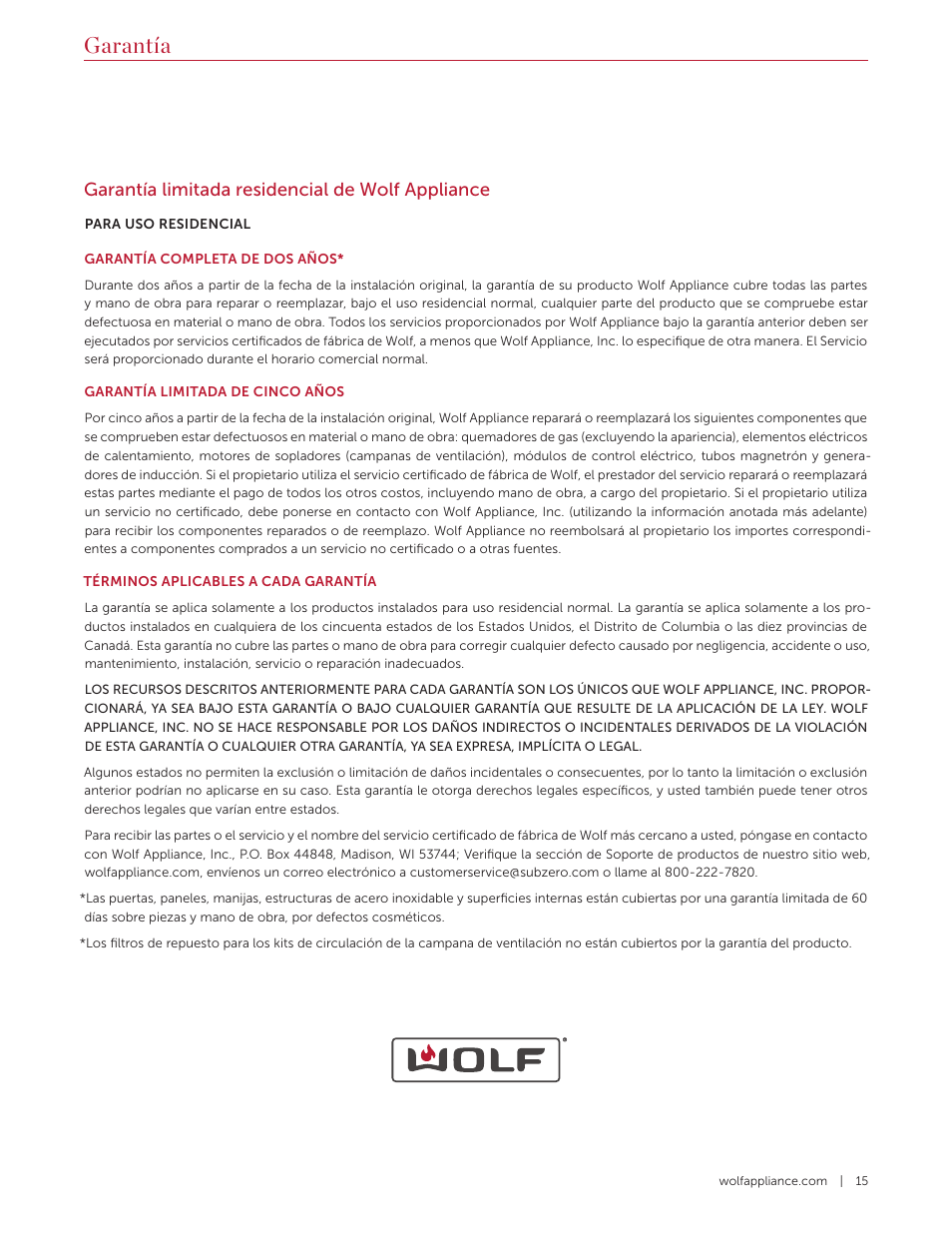 Garantía, Garantía limitada residencial de wolf appliance | Wolf 36 Inch Pro-Style Gas Rangetop Use and Care Guide User Manual | Page 29 / 58