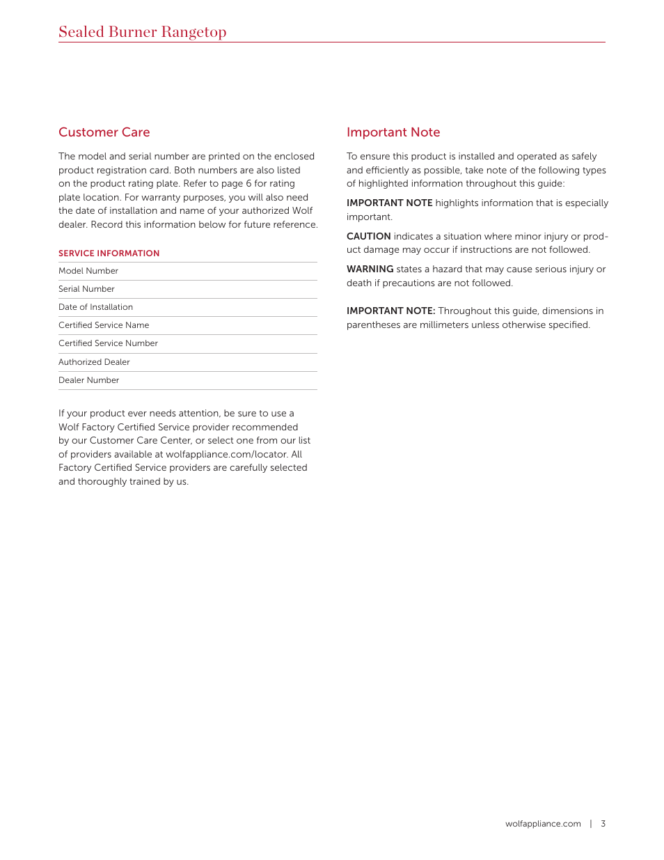 Sealed burner rangetop, Customer care | Wolf 36 Inch Pro-Style Gas Rangetop Use and Care Guide User Manual | Page 3 / 58