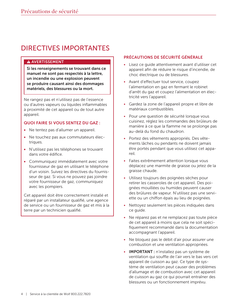 Directives importantes, Précautions de sécurité | Wolf 36 Inch Pro-Style Gas Rangetop Use and Care Guide User Manual | Page 32 / 58